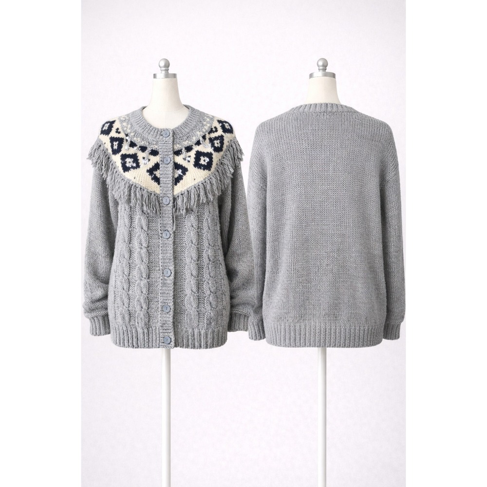 Backroad Blues Vintage 90s Western Fringe Fair Isle Hand Knit‎ Cardigan 20W